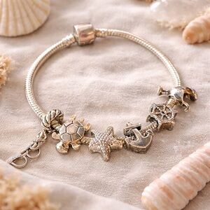 Coastal Charm Bracelet Turtle Starfish Anchor Flip Flop Nautical Beach Jewelry
